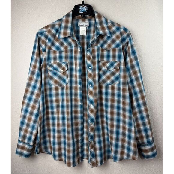 Wrangler XL Blue Brown Plaid Western Long Sleeve Pearl Snap Button Shirt - Picture 3 of 6